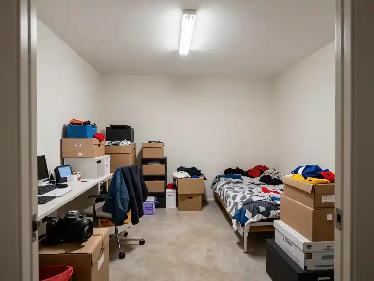 Avant - Avant transformation, chambre 12m² encombrée avec meubles dépareillés, boîtes empilées et éclairage fluorescent.