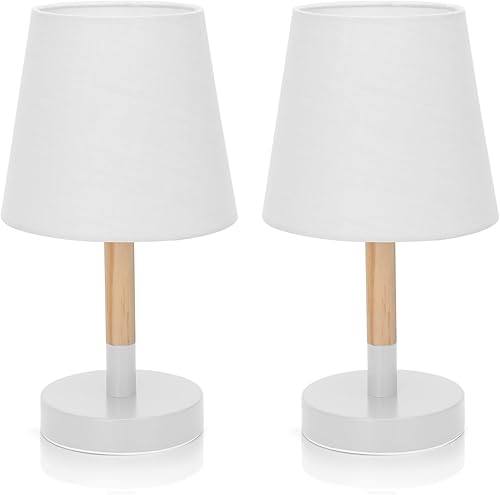 Aigostar Lot de 2 Lampes de Chevet Bois & Tissu Blanc