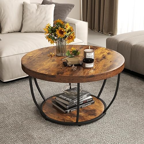 COSTWAY Table Basse Ronde Industrielle 2 Niveaux Bois & Métal