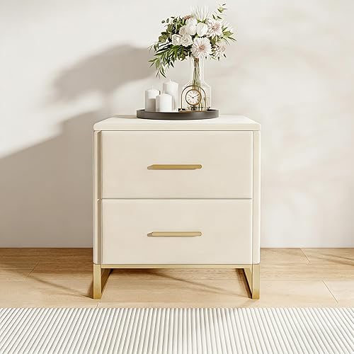 Julyue Table de Chevet Velours Beige Pieds Dorés Lot de 2