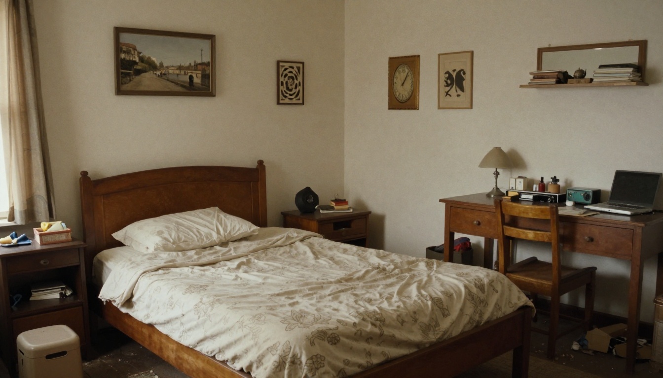 Démodée - Chambre années 90 relookée en style Art Déco glamour avec rideaux velours bordeaux et papier peint géométrique