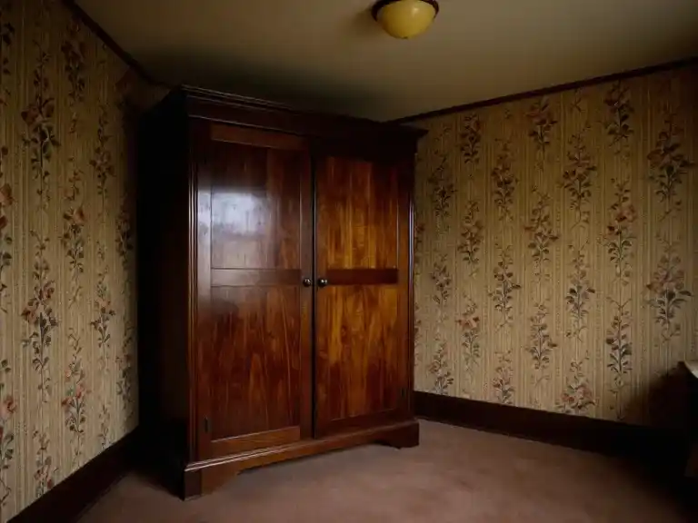 Et hop - Avant, chambre 12m² avec déco années 90, armoire chêne foncé, papier peint floral et tapis marron.
