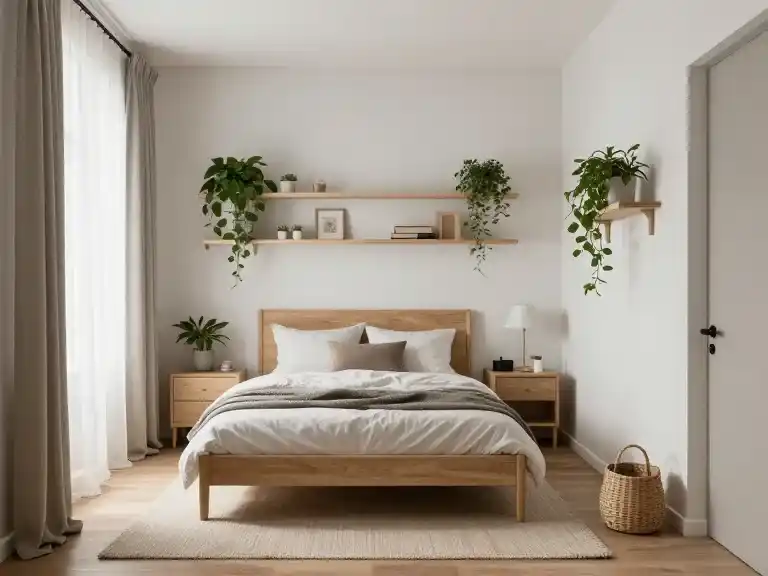 Après - Avant transformation, chambre 12m² encombrée avec meubles dépareillés, boîtes empilées et éclairage fluorescent.