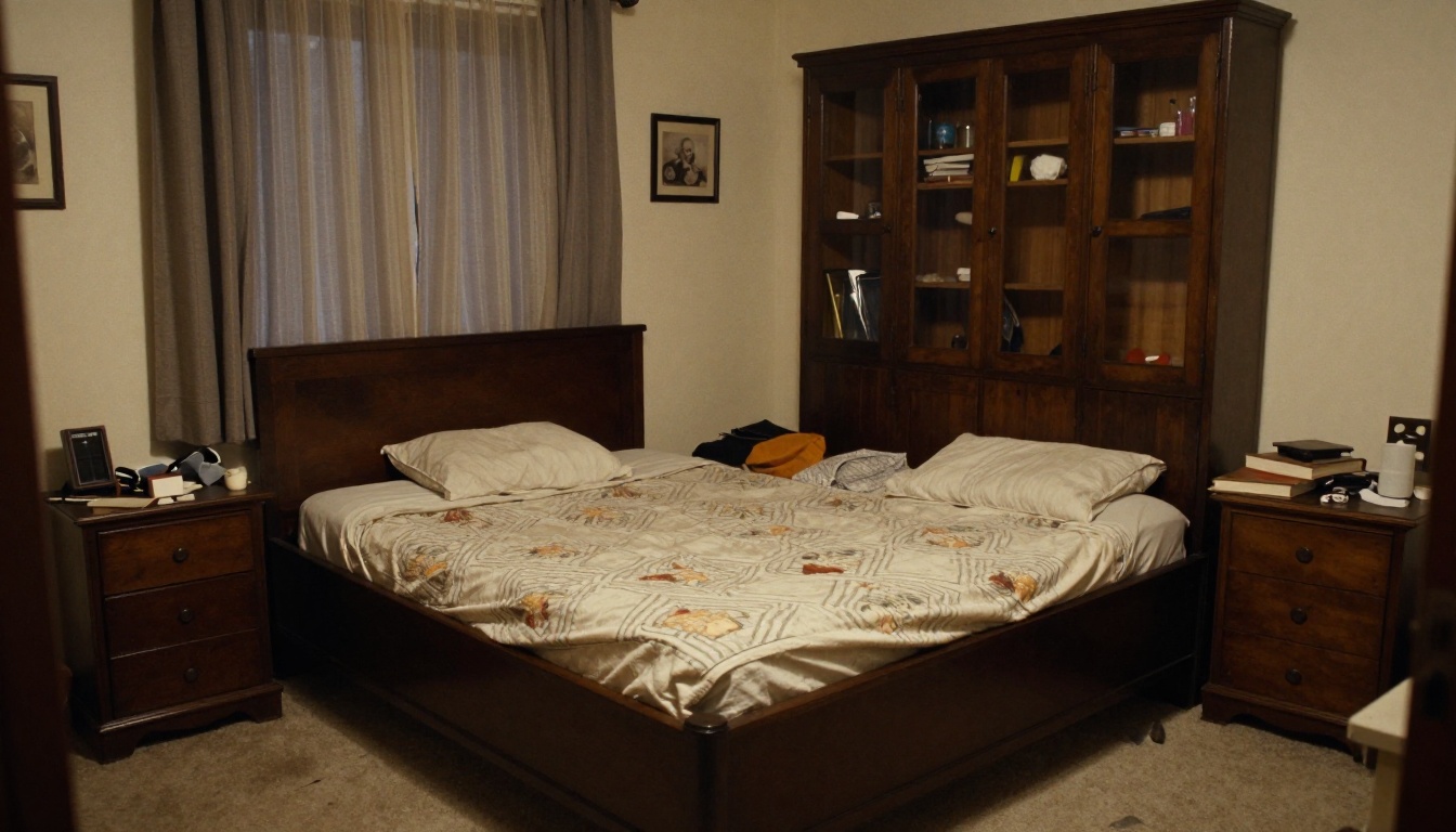 Démodée - Chambre datée rénovée en style bohème avec tapis kilim et suspension rotin