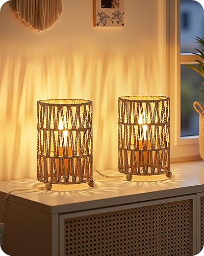 Lampes de Chevet Rattan Papier Lot de 2 Boho