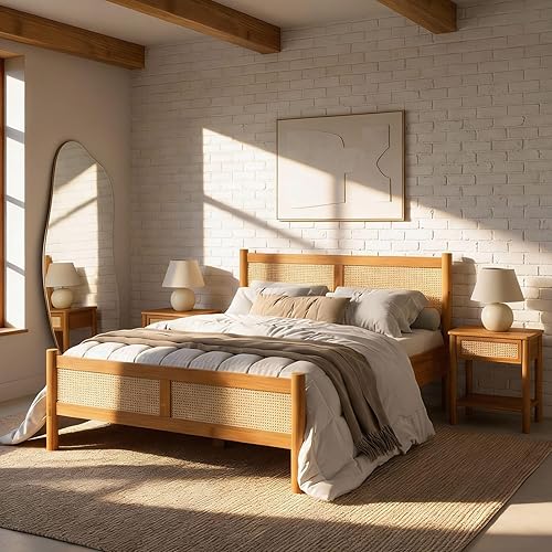 IDIMEX Lit CEFIRA Bois Massif 140x200 avec Rotin