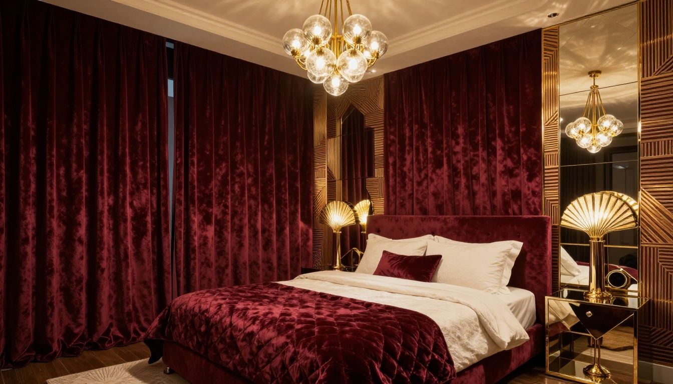 Modernisée ! - Chambre années 90 relookée en style Art Déco glamour avec rideaux velours bordeaux et papier peint géométrique