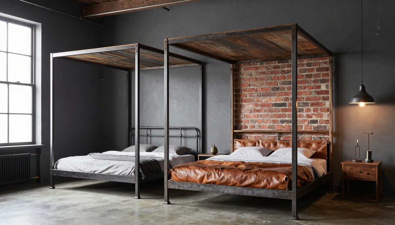 Métamorphosée ! - Chambre datée rénovée en style industriel avec murs briques et mobilier métal noir