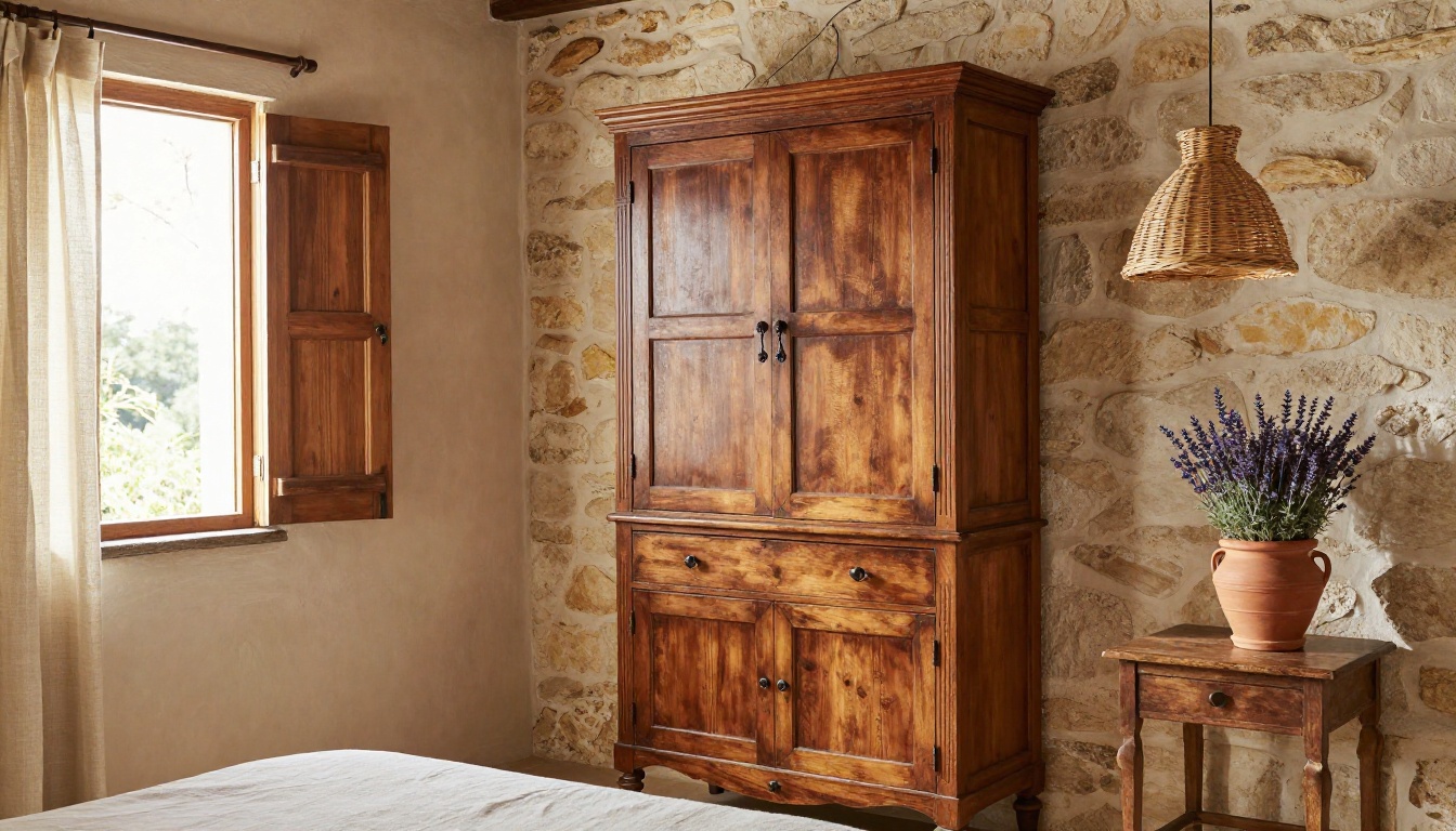 Modernisée ! - Chambre années 2000 relookée en style rustique campagne avec pierre naturelle et suspension osier
