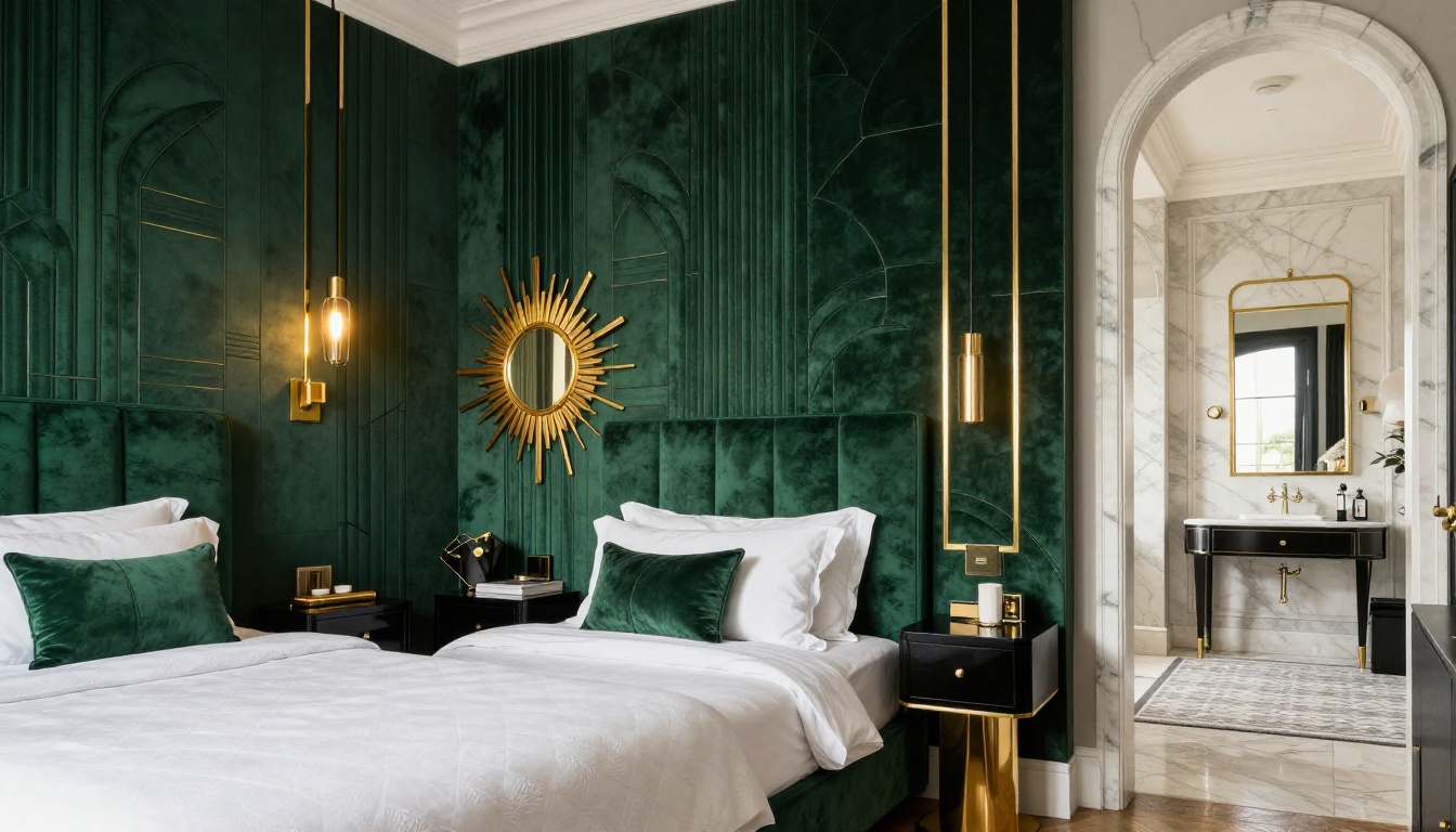 Votre chambre manque de caractère ? Le style Art Déco marie velours émeraude, laiton doré et motifs géométriques pour un glamour spectaculaire. Guide complet avec plan 3D gratuit.