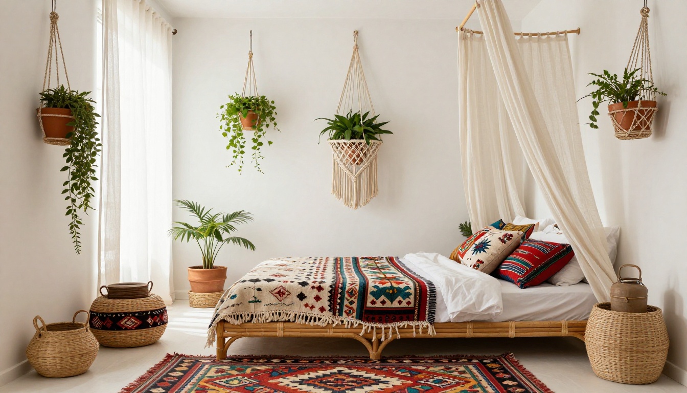 Métamorphosée ! - Chambre datée rénovée en style bohème avec tapis kilim et suspension rotin