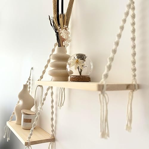 Mekase Lot de 2 Étagères Murales Bois & Corde Macramé